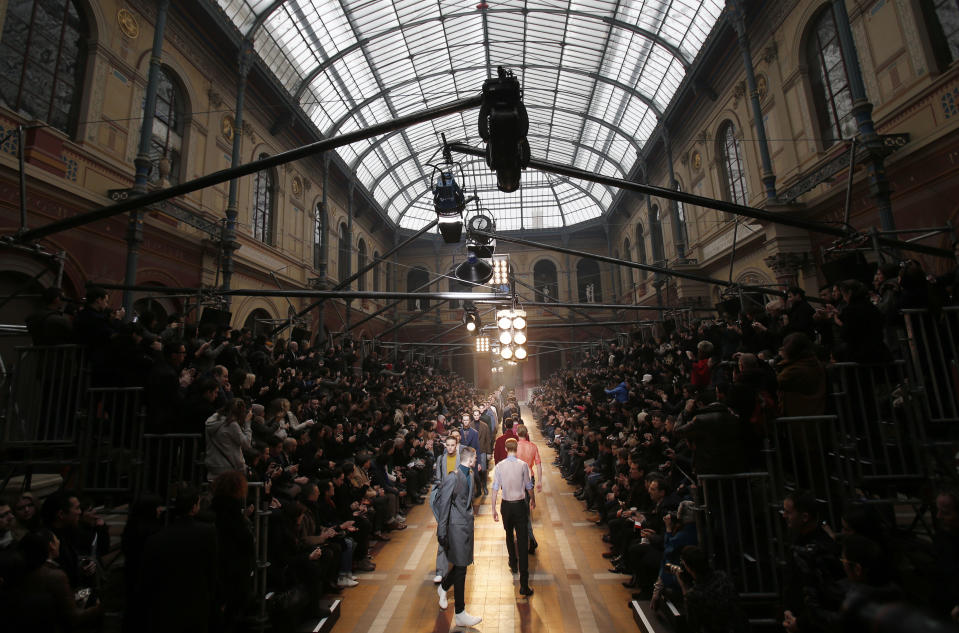 Modesl wear creations for Lanvin fall-winter 2013/2014 men's fashion collection, presented in Paris, Sunday, Jan.20, 2013. (AP Photo/Christophe Ena)