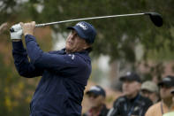 Phil Mickelson watches his tee shot on the fifth hole during the first round of the Desert Classic golf tournament at La Quinta Country Club on Thursday, Jan. 17, 2019, in La Quinta, Calif. (AP Photo/Chris Carlson)