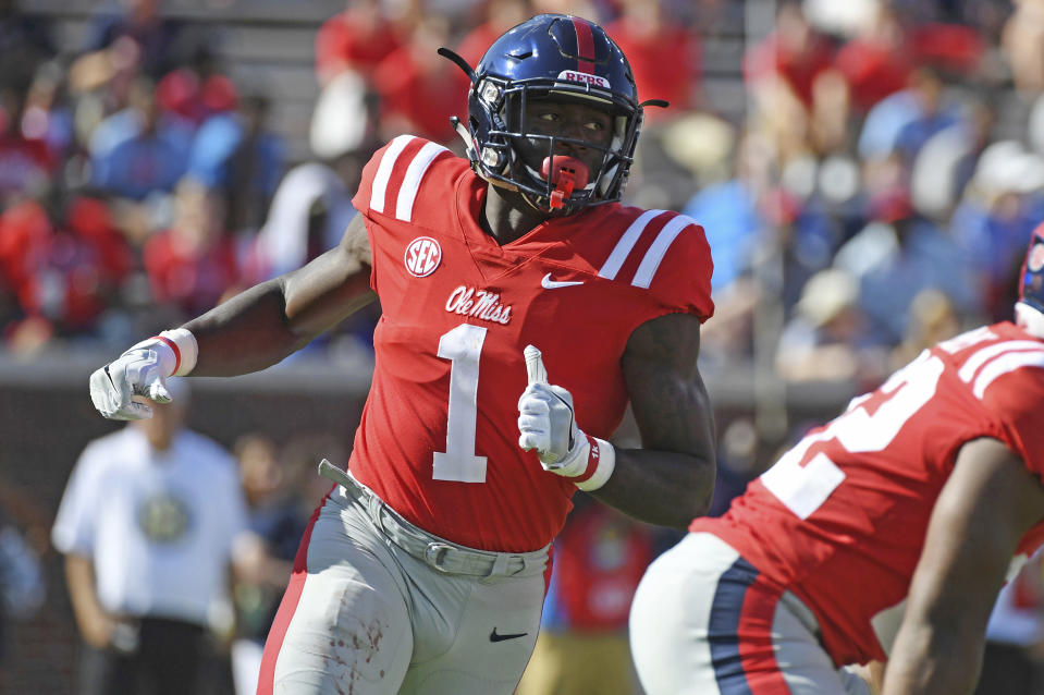 Mississippi wide receiver A.J. Brown (1) shifts positions before a snap during the first half of an NCAA college football game against Louisiana Monroe in Oxford, Miss., Saturday, Oct. 6, 2018. (AP Photo/Thomas Graning)