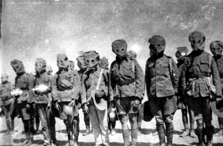 <span class="caption">Soldiers drill in their gas masks during World War I.</span> <span class="attribution"><a class="link " href="https://commons.wikimedia.org/wiki/File:StateLibQld_2_202023_Soldiers_drill_in_their_gas_masks_during_World_War_I.jpg" rel="nofollow noopener" target="_blank" data-ylk="slk:Wikimedia Commons;elm:context_link;itc:0;sec:content-canvas">Wikimedia Commons</a></span>