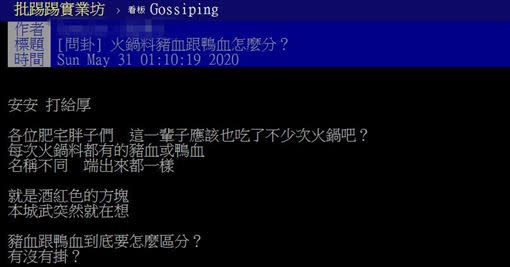 原PO想知道豬血、鴨血怎麼分辨。（圖／翻攝自PTT）