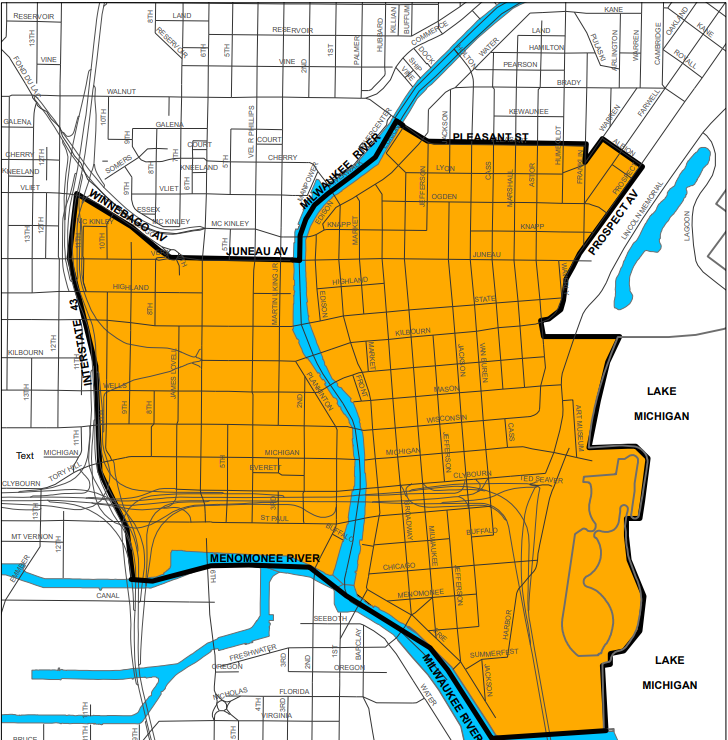 A map shows the Type 1 limited-time zone map in downtown Milwaukee. Beginning June 14, trucks in this area must move every six hours and cannot serve food after 1 a.m.
