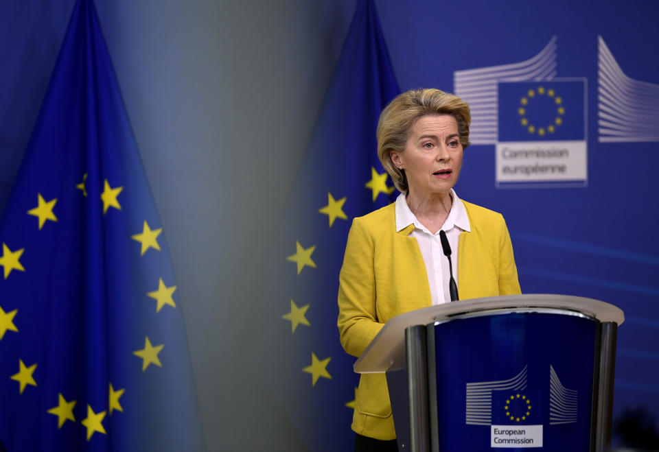 European Commission President Ursula von der Leyen delivers a statement after a meeting of the college of commissioners at EU headquarters in Brussels, Wednesday, April 14, 2021. EU Commission chief Ursula von der Leyen announced plans Wednesday for a major contract extension for COVID-19 vaccines with Pfizer stretching to 2023. (John Thys, Pool via AP)