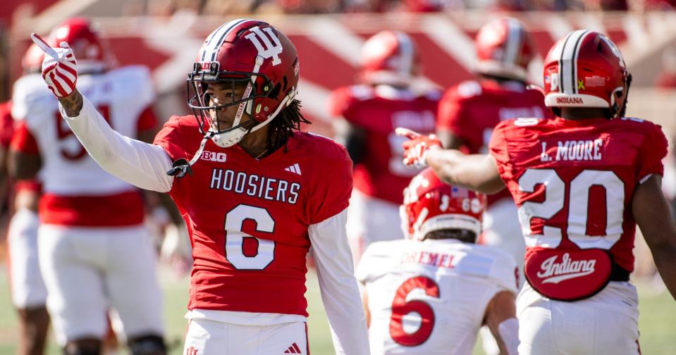 Indiana's Phillip Dunnam (6) celebrates a defensive stop during the first half of the Indiana versus Rutgers football game at Memorial Stadium on Saturday, Oct. 21. 2023.