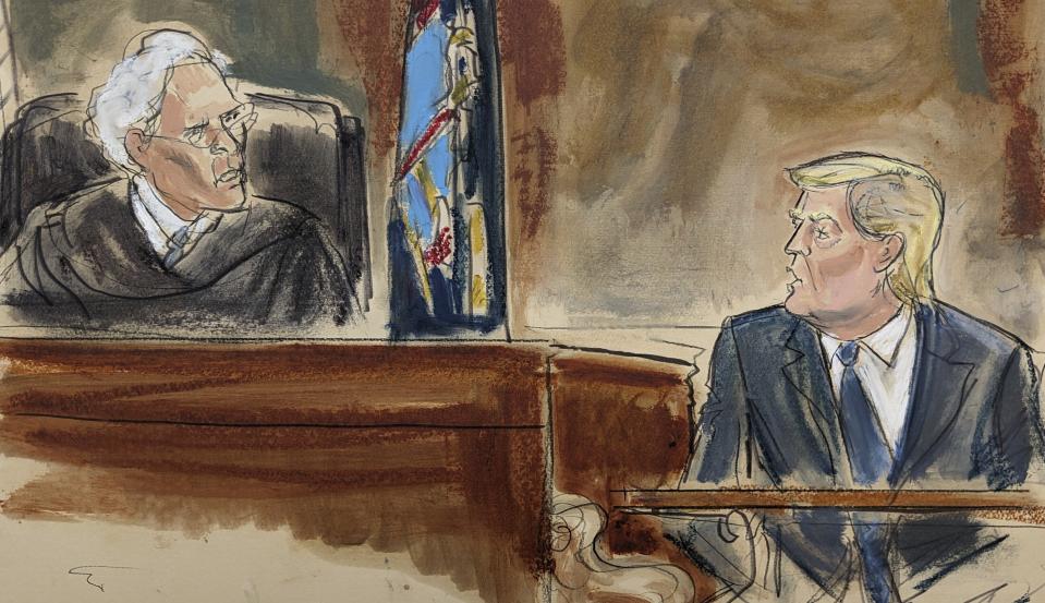 In this courtroom sketch, Judge Arthur Engoron questions former President Donald Trump on the witness stand in New York Supreme Court, Wednesday, Oct. 25, 2023, in New York. Engoron has fined Trump $10,000, saying that Trump violated a limited gag order barring personal attacks on court staffers.(Elizabeth Williams via AP)