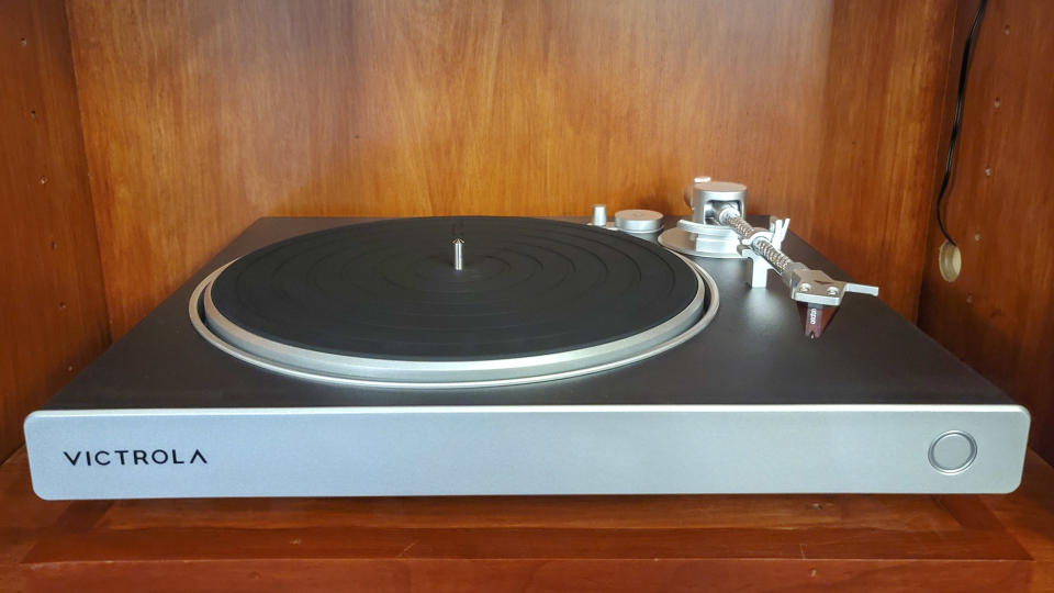 Victrola Hi-Res Carbon turntable in oak cabinet