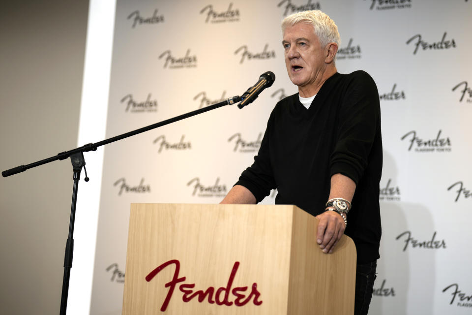 Fender Musical Instruments Corp. Chief Executive Andy Mooney speaks during the opening ceremony of its Tokyo store Thursday, June 29, 2023. Fender, the guitar of choice for some of the world’s biggest stars from Jimi Hendrix to Eric Clapton, is opening what it calls its “first flagship store” in its 77-year history. (AP Photo/Eugene Hoshiko)