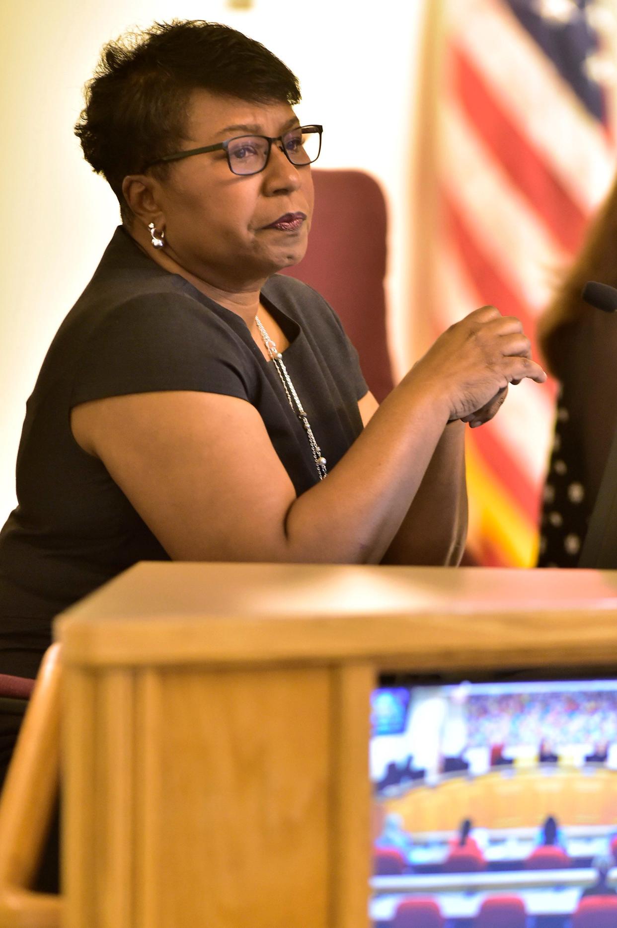 Superintendent Diana Greene listens as Duval County School Board members meet last week.