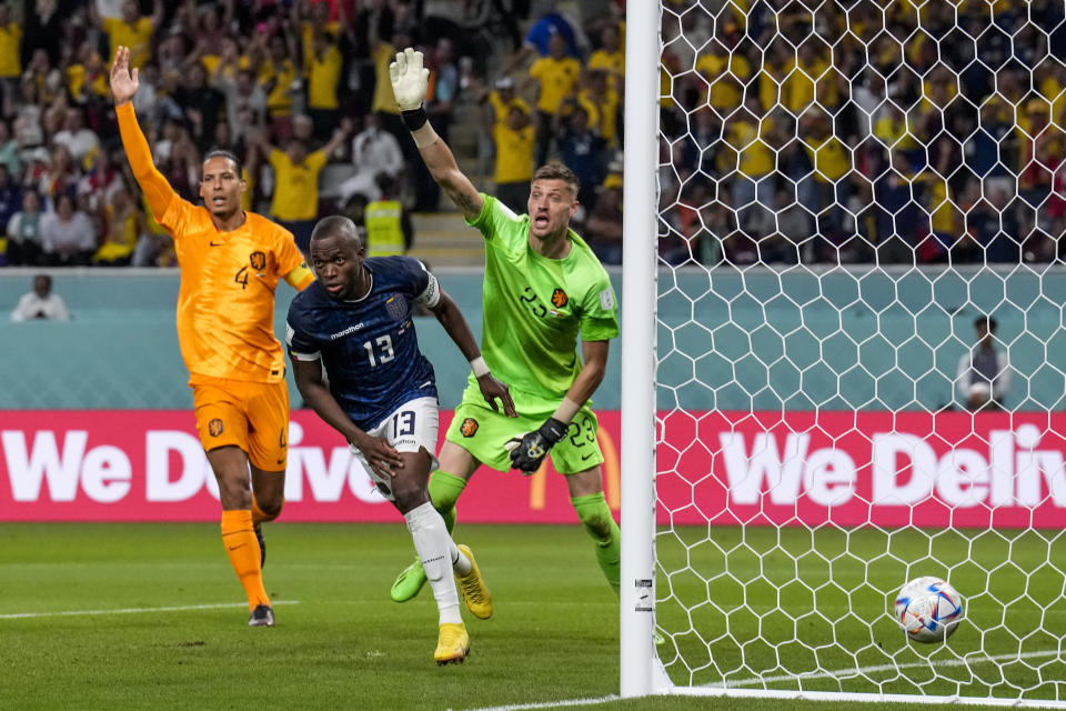 Ecuador's Enner Valencia reacts after scoring his side's first goal during the World Cup group A soccer match between Netherlands and Ecuador, at the Khalifa International Stadium in Doha, Qatar, Friday, Nov. 25, 2022. (AP Photo/Natacha Pisarenko)