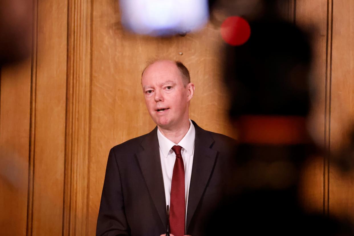 Britain's Chief Medical Officer for England Chris Whitty speaks during a remote press conference to update the nation on the covid-19 pandemic, inside 10 Downing Street in central London  on December 14, 2020. - London is to move into the highest level of anti-virus restrictions, the health minister announced Monday. The British capital from Wednesday will go into "tier three" restrictions, which force the closure of theatres and ban people from eating out at restaurants or drinking in pubs, the Health Secretary Matt Hancock told parliament. (Photo by Tolga Akmen / POOL / AFP) (Photo by TOLGA AKMEN/POOL/AFP via Getty Images)