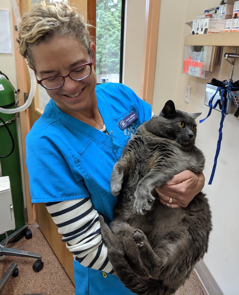 Kiffney&nbsp;holding up Cinder-Block (Photo: Northshore Veterinary Hospital, courtesy of Brita Kiffney)