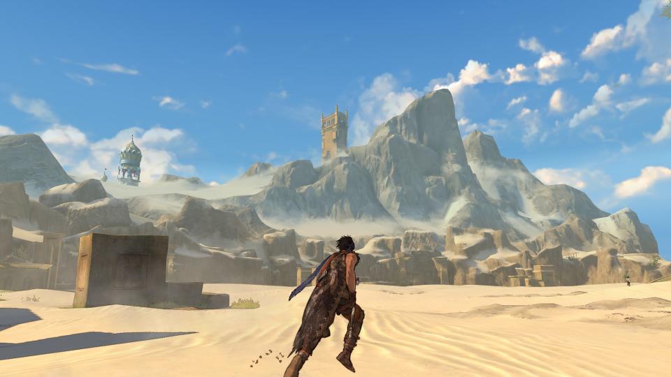 The prince running across a desert towards a mountain range.