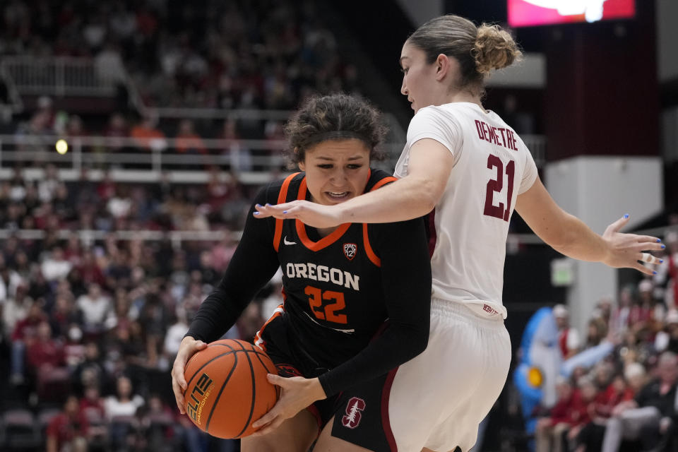 Oregon State guard Talia von Oelhoffen, left, tries to get around Stanford forward Brooke Demetre during the first half of an NCAA college basketball game, Sunday, Jan. 21, 2024, in Stanford, Calif. (AP Photo/Godofredo A. Vásquez)