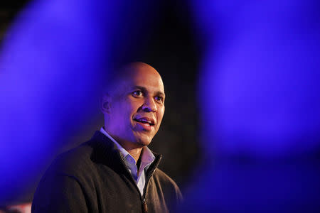 FILE PHOTO: U.S. Senator Cory Booker (D-NJ) speaks during his 2020 U.S. presidential campaign in Des Moines, Iowa, U.S., February 9, 2019. REUTERS/Scott Morgan/File Photo