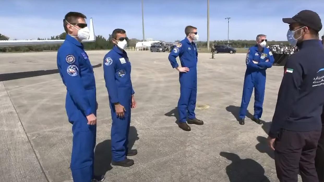  The crew of the upcoming SpaceX Crew-6 mission arrives at Kennedy Space Center in Florida on Feb. 21. 