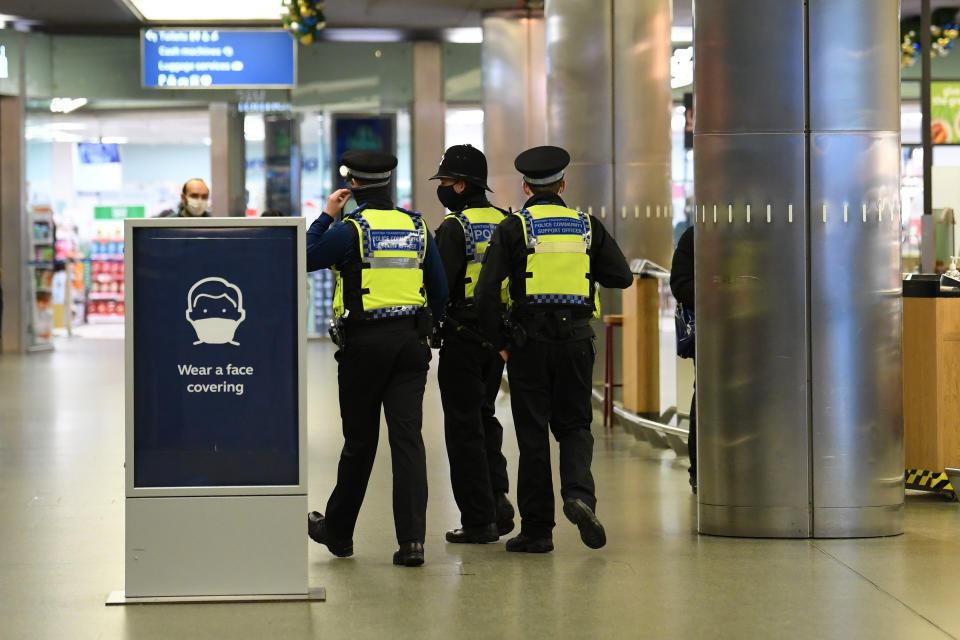 Police officers at St Pancras, London, with more being deployed to enforce travel rules at London�s stations, and the public being urged to adhere to Government guidance after Prime Minister Boris Johnson announced on Saturday that from Sunday areas in the South East currently in Tier 3 will be moved into a new Tier 4 for two weeks � effectively returning to the lockdown rules of November, after scientists warned of the rapid spread of the new variant coronavirus.