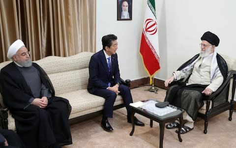 Shinzo Abe met the Supreme Leader of Iran, Ali Khamenei during his official visit in Tehran, and Iranian President Hassan Rouhani  - Credit: IRANIAN SUPREME LEADER PRESS OFFICE - HANDOUT/Anadolu Agency/Getty Images