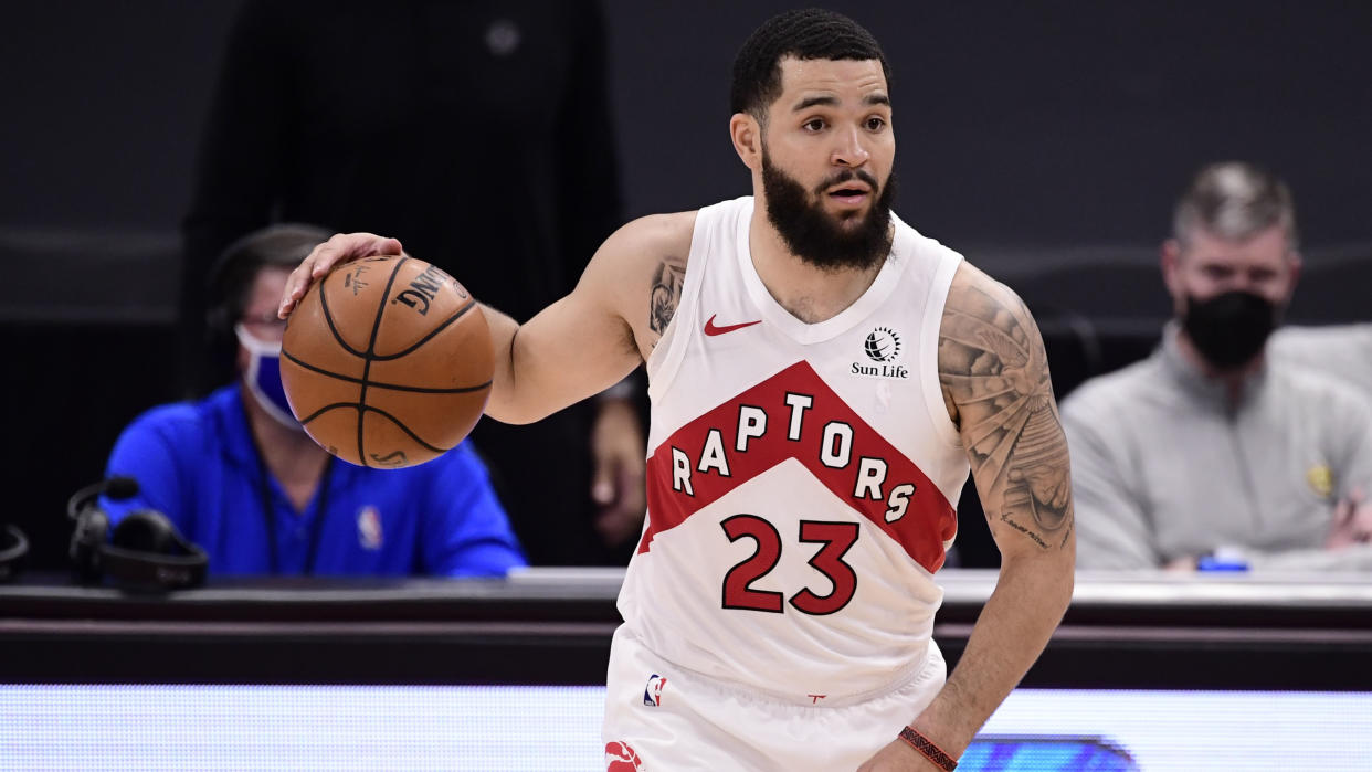 TAMPA, FLORIDA - MARCH 24: Fred VanVleet #23 of the Toronto Raptors dribbles the ball during the third quarter against the Denver Nuggets at Amalie Arena on March 24, 2021 in Tampa, Florida. NOTE TO USER: User expressly acknowledges and agrees that, by downloading and or using this photograph, User is consenting to the terms and conditions of the Getty Images License Agreement. (Photo by Douglas P. DeFelice/Getty Images)