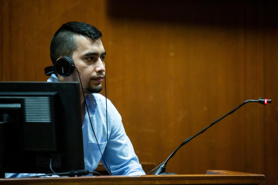 Cristhian Bahena Rivera testifies from the witness stand, on Wednesday, May 26, 2021, at the Scott County Courthouse in Davenport, Iowa.