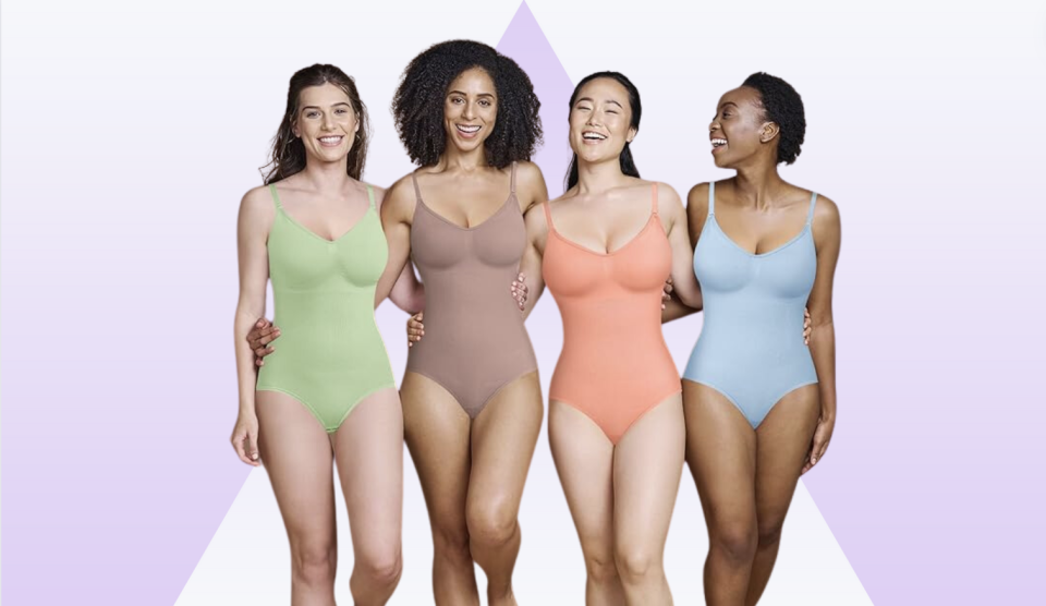 4 women wearing one-piece bodysuits in pale green, coffee, coral and light blue.