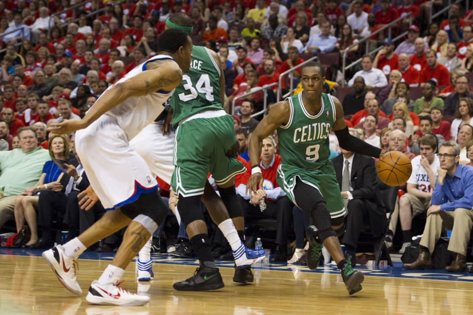 Boston Celtics guard Rajon Rondo (9) goes around a pick set by forward Paul Pierce (34) during the second quarter against the <a class="link " href="https://sports.yahoo.com/nba/teams/philadelphia/" data-i13n="sec:content-canvas;subsec:anchor_text;elm:context_link" data-ylk="slk:Philadelphia 76ers;sec:content-canvas;subsec:anchor_text;elm:context_link;itc:0">Philadelphia 76ers</a> in game three of the Eastern Conference semifinals of the 2012 NBA playoffs at Wells Fargo Arena. Howard Smith-USA TODAY Sports