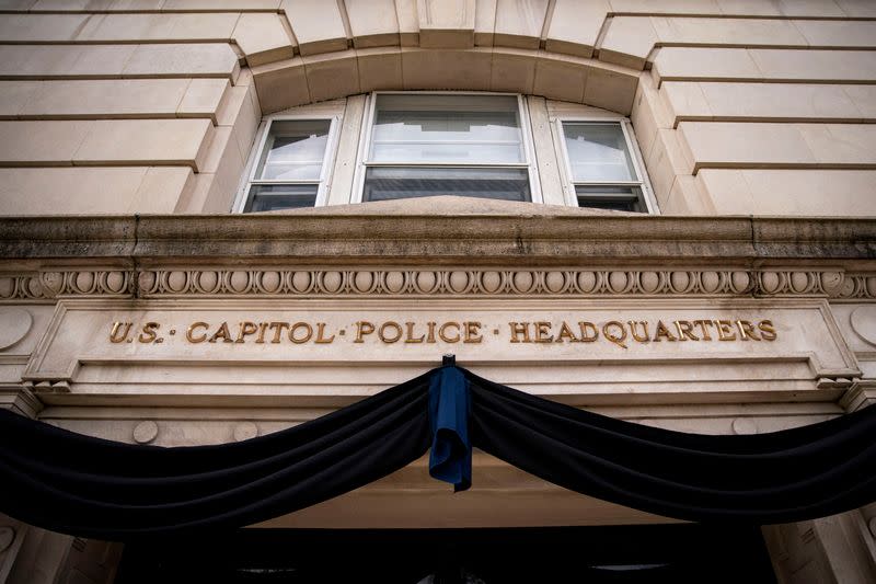 FILE PHOTO: Black bunting is displayed at the entrance to the U.S. Capitol Police headquarters, following the death of U.S. Capitol Police Officer William Evans