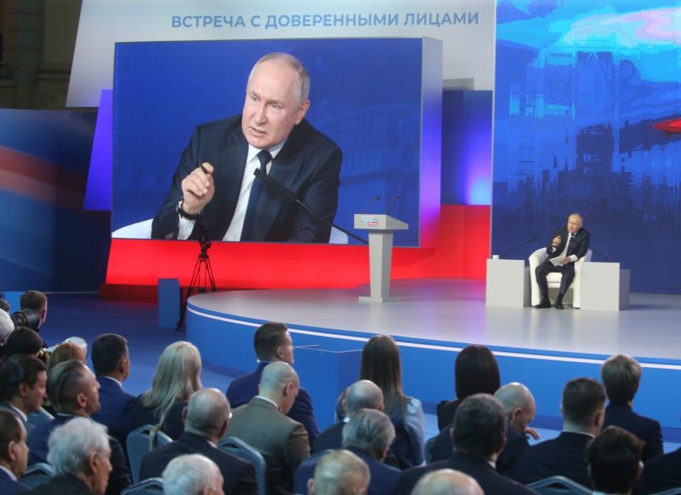 Russian President Vladimir Putin gives a speech ahead of еру 2024 Russian presidential election in Moscow, Russia, on Jan. 31, 2024. (Contributor/Getty Images)