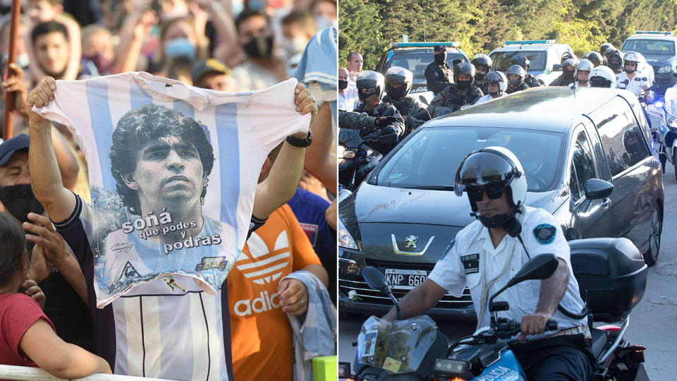 Seen here, fans pack the streets as Diego Maradona's hearse is driven through Buenos Aires.