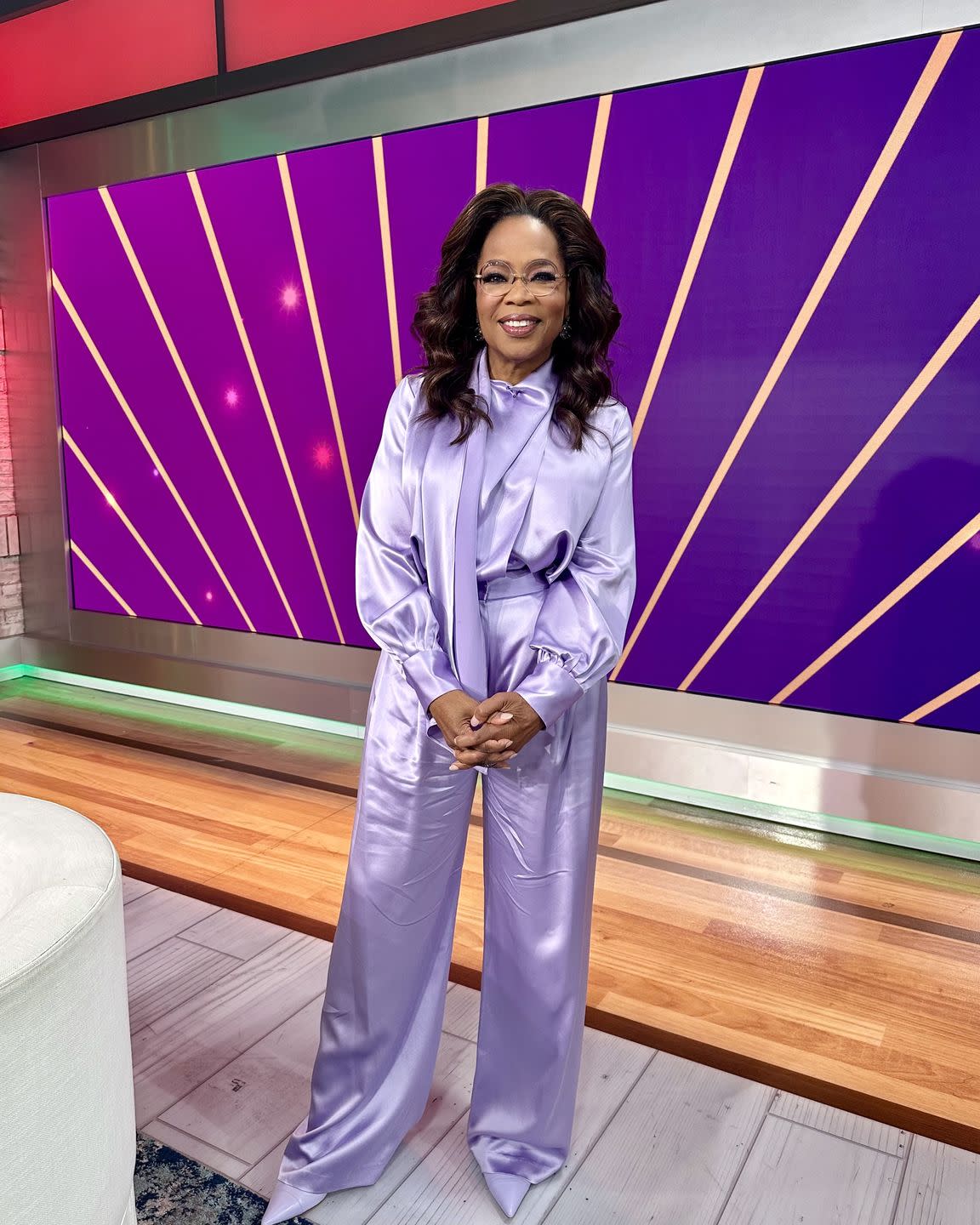 oprah wearing a purple suit cbs morning