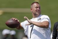 FILE - In this July 26, 2019, file photo, Pittsburgh Steelers quarterback Ben Roethlisberger (7) warms up during an NFL football training camp practice in Latrobe, Pa. \There are the same old expectations following an ugly late-season collapse that forced the Steelers to miss the playoffs for the first time in five years. (AP Photo/Keith Srakocic, File)