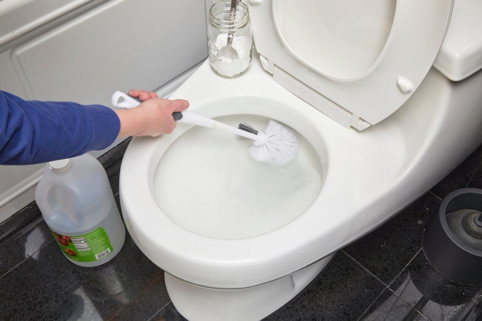 Woman cleans toilet with toilet brush.