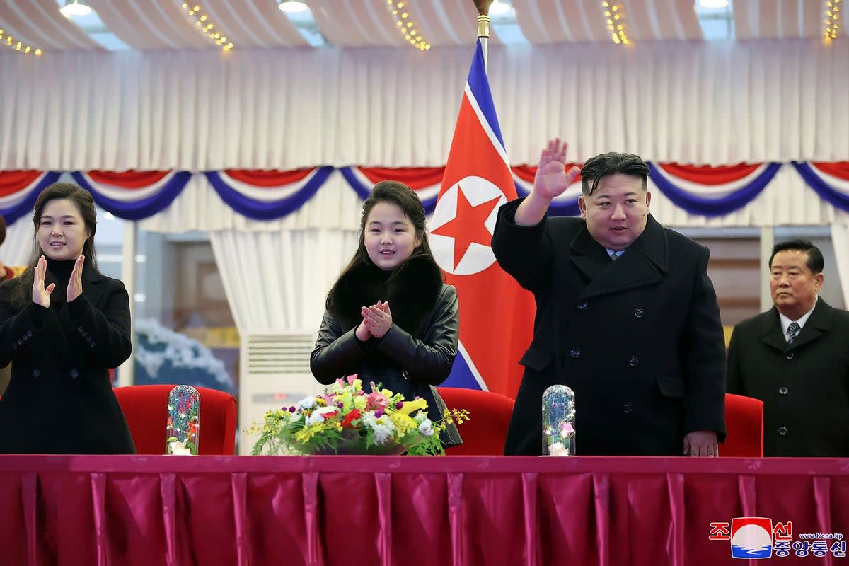 North Korean dictator Kim Jong Un with his daughter, believed to be called Ju Ae, and wife Ri Sol Ju (AP)