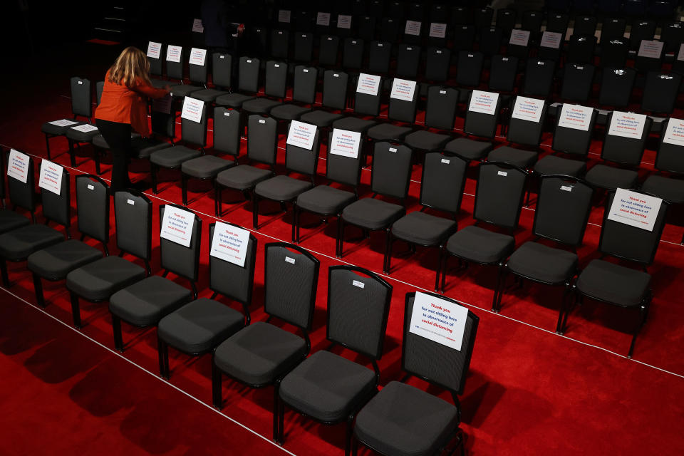 NASHVILLE, TENNESSEE - OCTOBER 22: Signs are posted on chairs to keep audience members socially distanced to reduce the risk of the coronavirus ahead of the second presidential debate at the Curb Event Center on the campus of Belmont University October 22, 2020 in Nashville, Tennessee. President Donald Trump and Democratic presidential nominee Joe Biden are scheduled to square off for the final debate, 12 days before Election Day. (Photo by Chip Somodevilla/Getty Images)