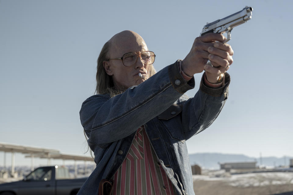 This image released by A24 shows Ed Harris in a scene from "Love Lies Bleeding." (Anna Kooris/A24 via AP)