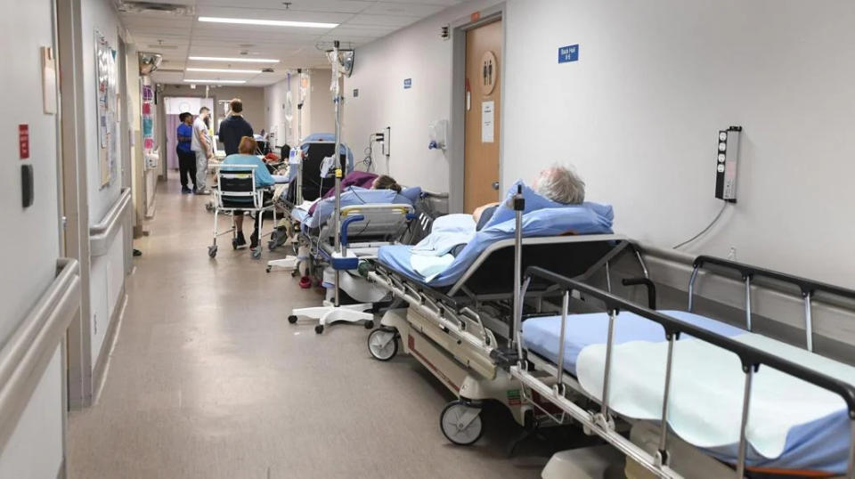 Six hallway beds overseen by a nurse can accommodate patients arriving by ambulance to Brantford General Hospital.