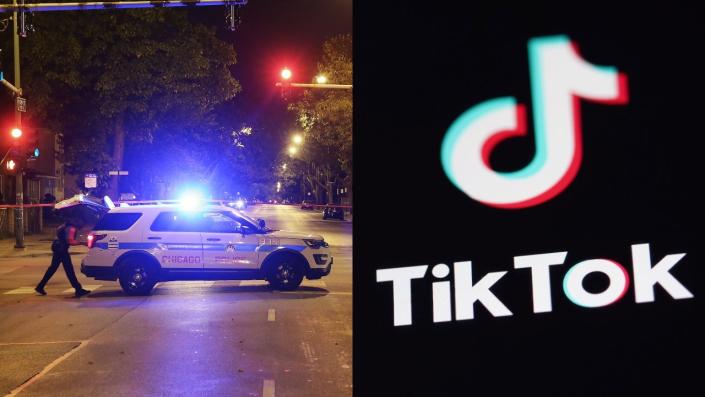 This image shows a Chicago police vehicle next to the TikTok logo