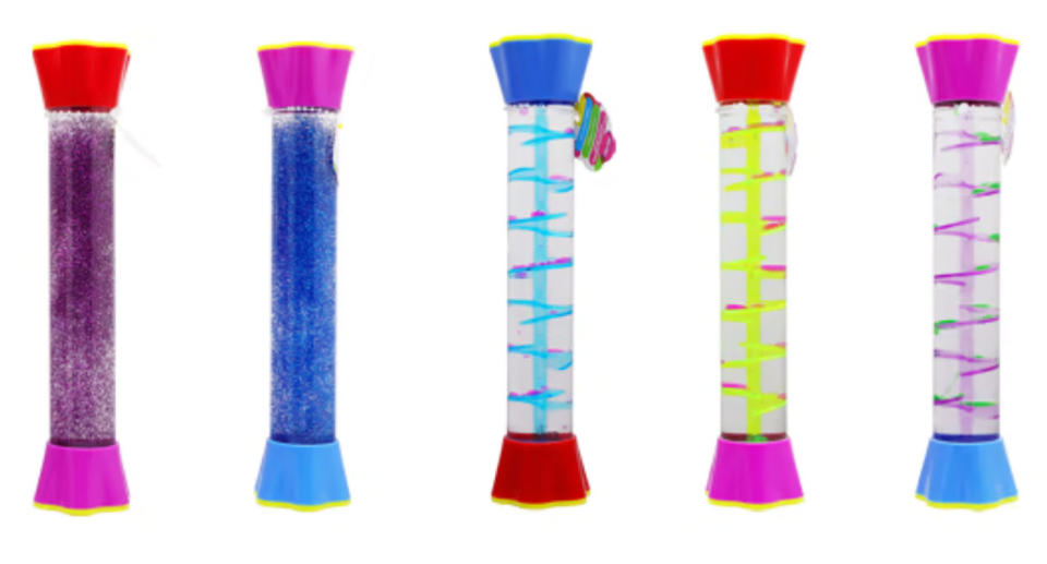 Five Kmart 'sensory shaker' toys are bright and full of glitter.
