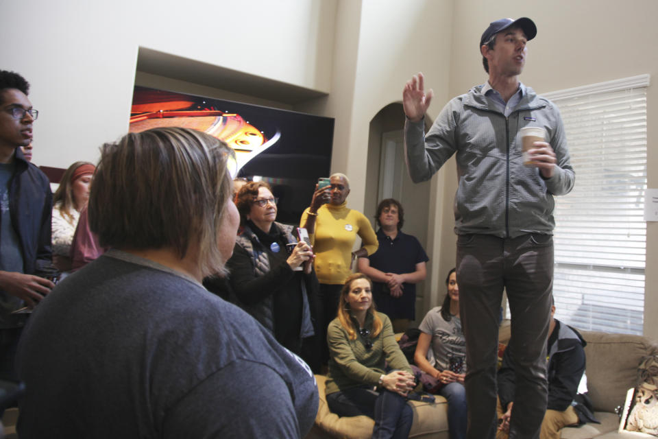 In this January 11, 2020 photo Beto O'Rourke, a former presidential candidate, senate candidate and congressman gives a pep talk to campaign volunteers canvassing for Eliz Markowitz in Katy, Texas. O'Rourke and other national Democrats like former vice president Joe Biden have endorsed Markowitz. Her special election in a district composed of suburbs west of Houston is being viewed as a bellwether for 2020 politics. (AP Photo/ John L. Mone)