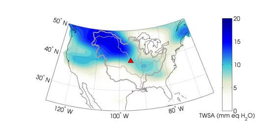 Wetter-than-average conditions detected by the GRACE satellite before the Missouri River flooded in March 2011.