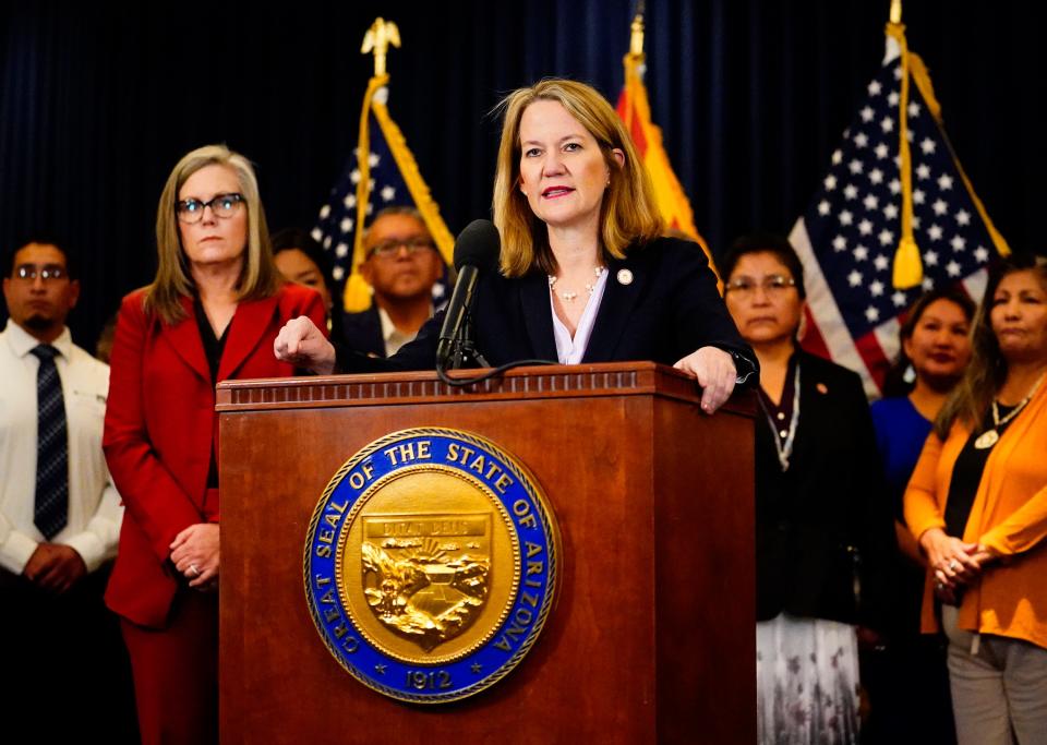 Attorney General Kris Mayes announces actions Arizona is taking to stop fraud against the Medicaid system and exploitation of AHCCCS members during a news conference at the Arizona state Capitol in Phoenix on May 16, 2023.