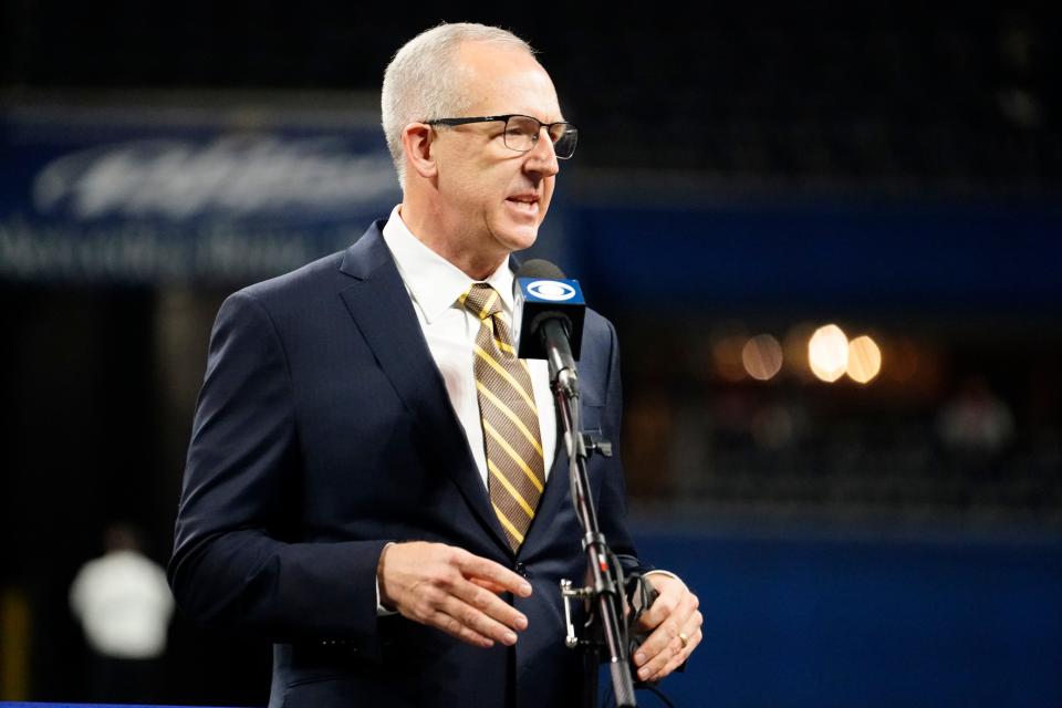 Southeastern Conference Commissioner Greg Sankey speaks after the SEC football championship game between Florida and Alabama on Dec. 20, 2020, in Atlanta.