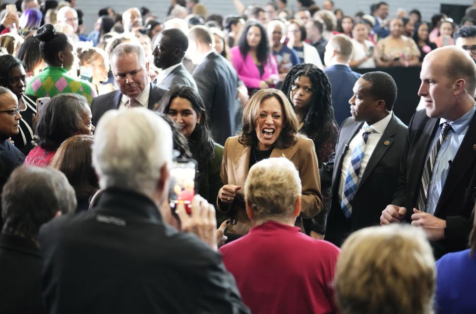 Vice President Kamala Harris greets supporters at South Mountain Community Center during a visit to Phoenix.