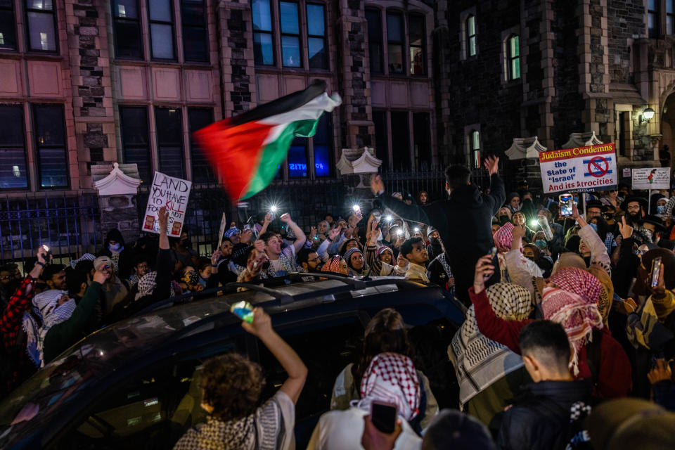 Protestors chant outside The City College Of New York (CUNY) one day after the NYPD cracked down on protest camps at both Columbia University and CCNY on May 1, 2024 in New York City. A heavy police presence surrounded both campuses on Tuesday evening and cleared the tent encampments set up by pro-Palestinian protesters. Classes at both schools have been moved virtually to online learning in response to the recent campus unrest.