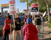 Culinary Local 226 members picket at the start of a 48 hour strike at Virgin Hotels in Las Vegas, Friday, May 10, 2024. About 700 workers walked off the job at a hotel-casino just off the Las Vegas Strip Friday morning in what union organizers said would be a 48-hour strike after spending months trying to reach a deal for new 5-year contract with Virgin Hotels. (K.M. Cannon/Las Vegas Review-Journal via AP)