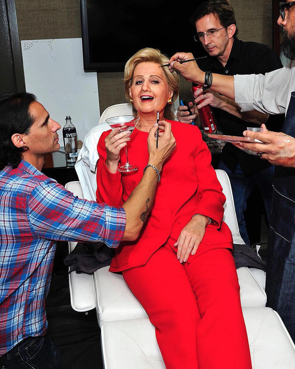 <p>The pop princess went all out for Kate Hudson’s annual Halloween bash on Friday night when she dressed as Democratic presidential candidate Hillary Clinton. Perry, who has made it clear she’s with her, shared this photo of her prepping for the festivities: “Having a little pre party before I take office,”she cracked on Instagram. “#IMWITHME.” (Photo: <a rel="nofollow noopener" href="https://www.instagram.com/p/BMIzQ8TgsZH/" target="_blank" data-ylk="slk:Instagram;elm:context_link;itc:0;sec:content-canvas" class="link ">Instagram</a>) </p>
