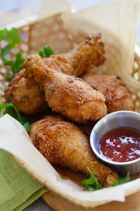 <p>Rasamalaysia</p><p>Marinated with cilantro, garlic and Asian seasonings, this Thai fried chicken is crispy, moist and so good with sweet chilli sauce.</p><p><strong>Get the recipe: <a href="http://rasamalaysia.com/thai-fried-chicken/" rel="nofollow noopener" target="_blank" data-ylk="slk:Thai Fried Chicken;elm:context_link;itc:0;sec:content-canvas" class="link ">Thai Fried Chicken</a></strong></p>