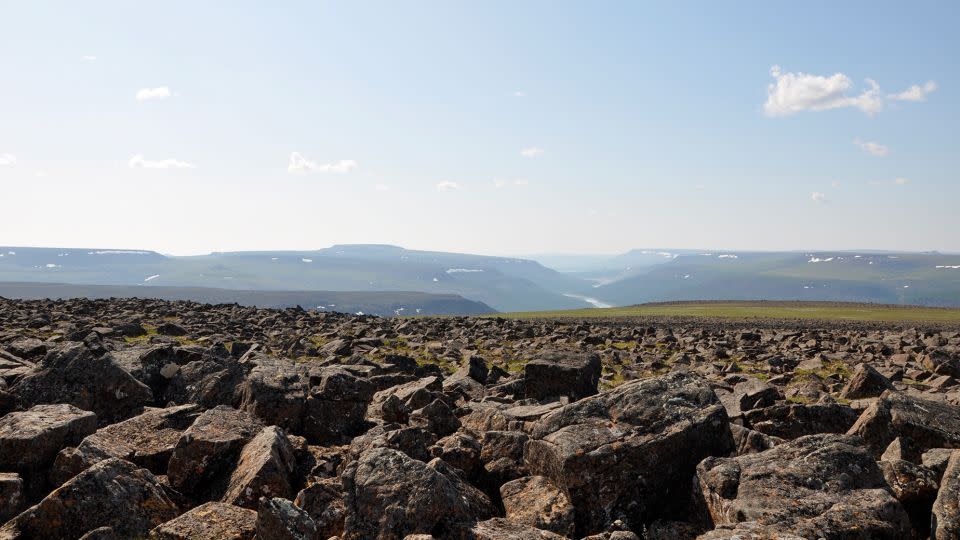 The Siberian Traps was a vast area of volcanic activity in Eurasia that led to the biggest mass extinction 252 million years ago. The distant mountains are remains of basalt lava flows, and the Maymecha river can be seen amid the thick volcanic layers. The foreground is also the rubbly top of the volcanic landscape. - Benjamin Black/US Geological Survey