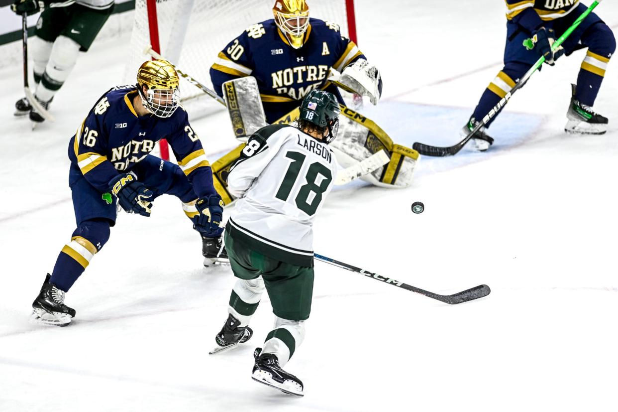Michigan State's Joey Larson, shown scoring a goal against Notre Dame during a game last month, scored two goals in the Spartans' 5-0 win over Penn State on Friday night.