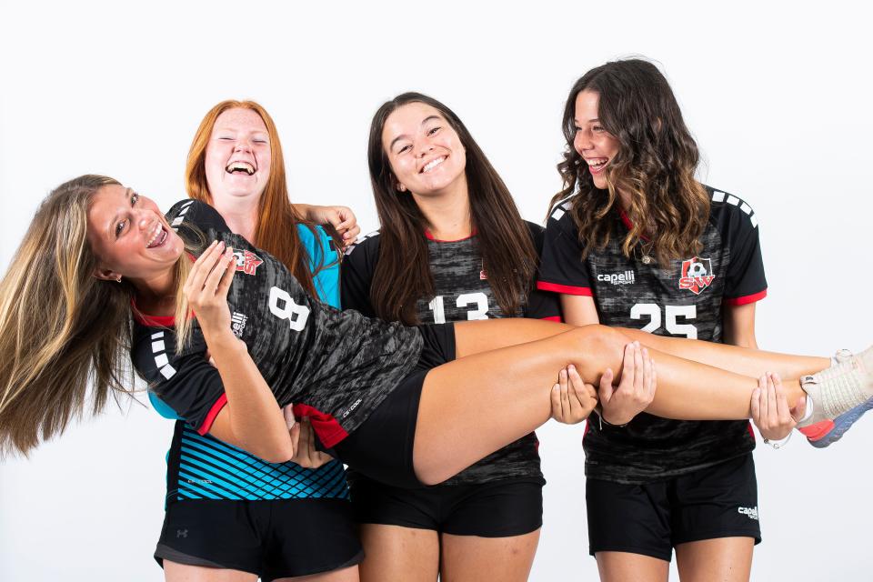 (From right) South Western soccer players Savanna Mackie, Mariah Smith, McKayla Green and  Anna Soullaird pose for a photo during YAIAA fall sports media day on Thursday, August 3, 2023, in York.