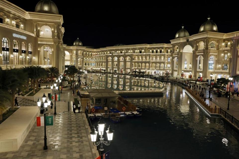 Boats for hire at the lake inside the middle of the Place Vendôme shopping mall in Lusail City.